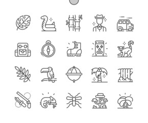 Jungle. Tropical shrubs. Safari hat. Bamboo. Sacred totem. Jungle tree, plant and leaf. Pixel Perfect Vector Thin Line Icons. Simple Minimal Pictogram