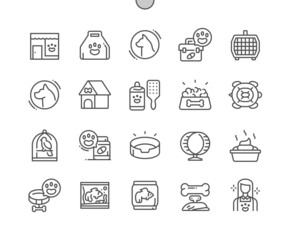 Pet shop. Bird in cage. Animal food. Pets shampoo and comb. Rodent running wheel. Aquarium for fish. Pixel Perfect Vector Thin Line Icons. Simple Minimal Pictogram