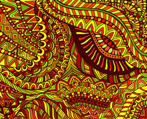 Ethnic vibrant psychedelic colorful surreal background. Bright colors abstract texture, maze of ornaments.