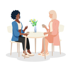 Two young girls are drinking coffee in a cafe and talking. Isolated vector illustration in flat style for advertising, card or media.