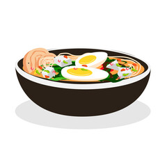 Japanese soup with eggs. Isolated vector illustration of delicious Japanese food for advertising, cards or media.