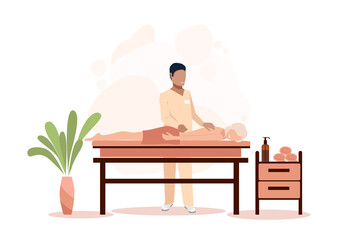 The masseur makes a massage to the girl. Relaxation in the spa. Vector illustration for advertising, flyers and social media.