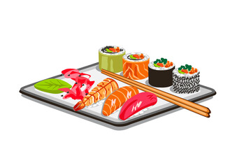 Plate with different rolls and sushi with salmon, caviar, wasabi and ginger. Vector illustration of delicious Japanese food for advertising, cards or media.