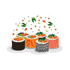 Composition of different rolls and sushi with salmon and caviar. Vector illustration of delicious Japanese food for advertising, cards or media.