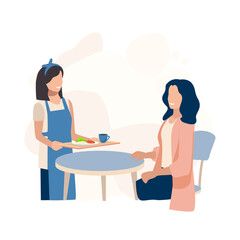 A cute waitress with a smile brought breakfast to a cafe visitor. Catering business. Vector illustration in flat style for advertising, card or media.