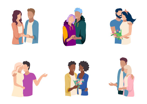Vector set of loving couple hugging. Isolated vector illustration for advertising, flyers and social media.