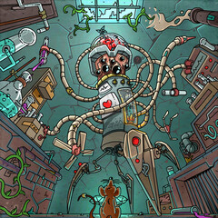 Science robot working in lab. cartoon illustration, character design