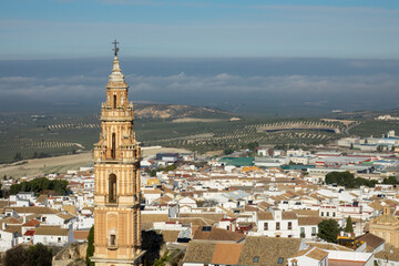 View of the Torre de la Victoria (national monument) from the hill of San Cristobal in Estepa, one...