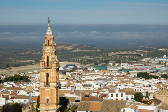 View of the Torre de la Victoria (national monument) from the hill of San Cristobal in Estepa, one of the most beautiful villages of Seville (Spain)