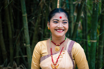 girl smiling face isolated dressed in traditional wearing on festival with blurred background