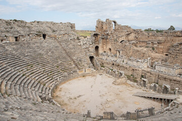 Ruins of the ancient amphitheater in Perge, ancient Roman city in Turkey.