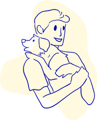 design vector drawing oneline art men playing dog illustration