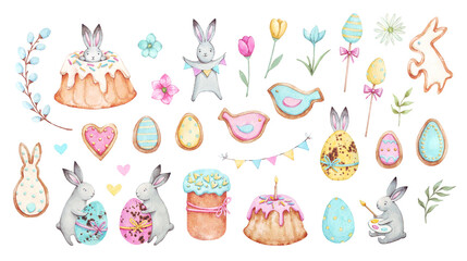 Artistic spring watercolor illustration. Happy Easter set. Hand-painted bunnies, flowers, hearts, pie, and easter yellow, blue, pink eggs isolated on white background. Vintage holiday design. 