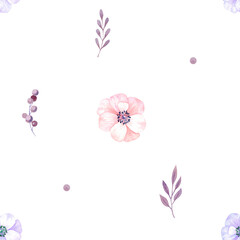 Anemones seamless pattern. Spring flowers pattern on white background
