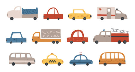 Cute cartoon cars. Truck, ambulance, police car, taxi, bus. Vector illustration for nursery decor, poster, stickers, T-shirt print © Victoria Guzeeva