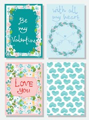 Set of Valentine's day greeting cards with hand written greeting lettering and decorative textured brush strokes on background.