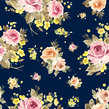 Abstract floral seamless pattern painted by paints vintage roses and wildflowers