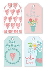 Set of Valentine's day greeting cards with hand written greeting lettering and decorative textured brush strokes on background.