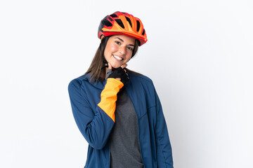 Young cyclist brazilian girl isolated on white  background happy and smiling - obrazy, fototapety, plakaty