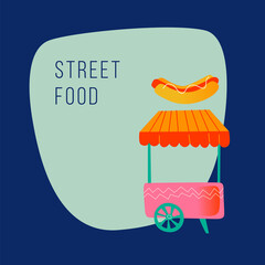 Vector illustration of a shopping mobile cart with hot dog street fast food on an isolated white background flat in a modern style