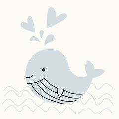 Illustration of a whale with hearts from the water on an isolated background. Dusty pastel colors. Modern flat style