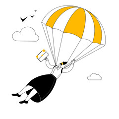 A woman in a business suit and carrying a briefcase descends by parachute. Vector two-color illustration on the topic of dismissal with guaranteed compensation.