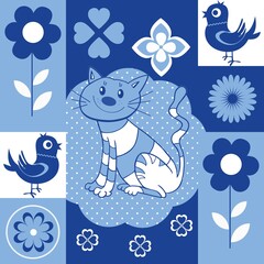 Blue white cartoon tile with flowers and cats..Seamless baby pattern for print as a background.Design for printing on fabric with a children's motif with cats.