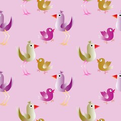 Seamless background with chickens...Cartoon illustration as texture with birds...Happy Easter.