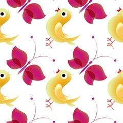 Seamless background with chickens...Cartoon illustration as texture with birds...Happy Easter.
