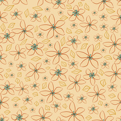 Jasmine floral vector seamless pattern background. Line art hand drawn flower heads, blossom, petals. Neutral beige backdrop.Botanical repeat for medicinal healing plant. All over print for wellness
