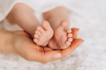 Baby feet in mother's hands. Mom and her child. Happy family concept. Beautiful concept image of motherhood
