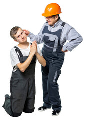 The crazy, furious grandmother, worker, engineer, boss was very angry with the young worker. the head pulls the subordinate by the ear. isolated. full height