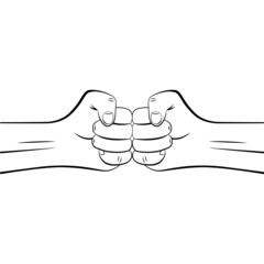 Two clenched male fists bumping together. Concept of conflict, confrontation, resistance, competition, struggle, unity. Vector outline illustration