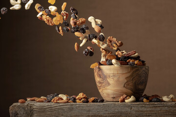 Flying dried fruits and nuts.