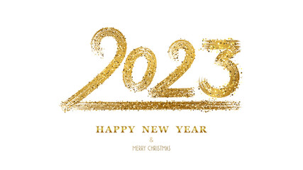 Happy new year 2023 numbers written in a golden brush isolated on a white background.