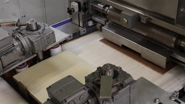 production of chocolate waffles on the production line in a confectionery factory
