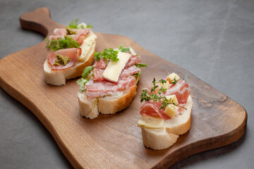 Crostini with sour cream, cheese, bacon, prosciutto, herbs, blue cheese. banner, space for your text, copy space, negative space