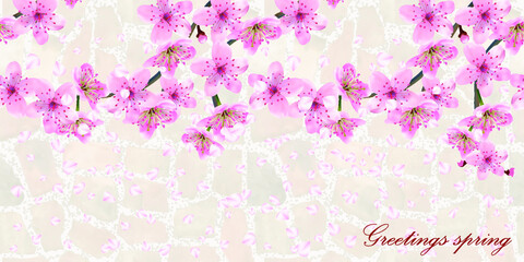 Blossoming branches of Japanese cherry 
with flying petals on the background of a seamless natural stone texture. Pink Sakura floral  pattern, spring banner, EPS 10, vector