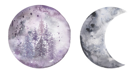 Forest Moon Illustration set, Watercolor Winter Crescent clipart, Celestial clip art, Galaxy poster, Wedding Invites, Logo design