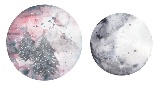 Forest Moon Illustration set, Watercolor Winter Crescent clipart, Celestial clip art, Galaxy poster, Wedding Invites, Logo design