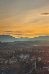 A panoramic vertical landscape view of Veynes, an old town in the French Alps, during the sunset