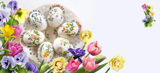 Easter postcard with decorated eggs on a decorative plate and different flowers