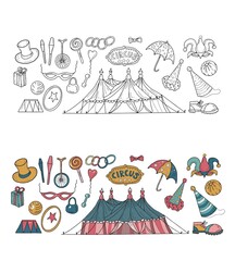 
Circus arena doodle sketch graphic elements hand drawn clown hat, dumbbells marquee bike boots coloring book for children