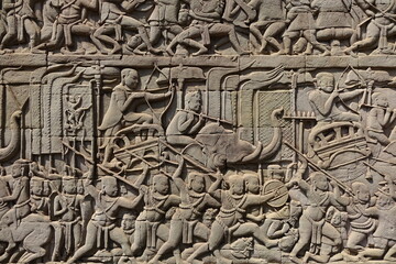Close up of stone relief in the impressive Khmer ruin city Angkor Thom (horizontal image), Siem Reap, Cambodia