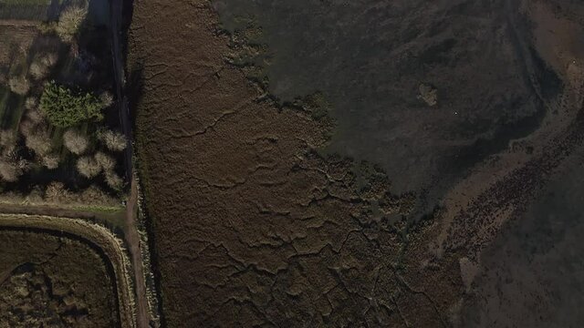 Thornham Marina situated in the Prinstead Estuary Channel at low tide on the Southern Coast of England, aerial footage.
