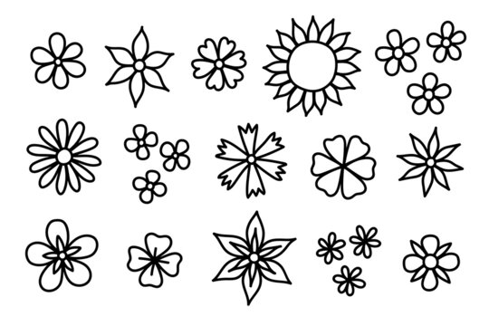 Vector set of floral elements, black flowers in doodle style