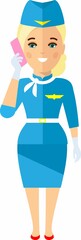 Flat cute cartoon stewardess of aircraft characters in air uniform.