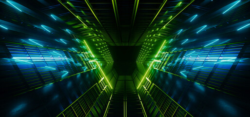 Fototapety  Triangle Neon Laser Fluorescent Purple Green Blue Glowing Sci Fi Futuristic Warehouse Hangar  Spaceship Realistic Showroom Steel Metal Frame Corridor Tunnel Dark Underground Basement 3D Rendering