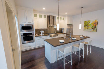 Modern, bright, clean, kitchen interior with stainless steel appliances in a luxury house