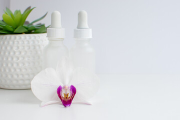 Two bottles of skincare serums in a white clean background